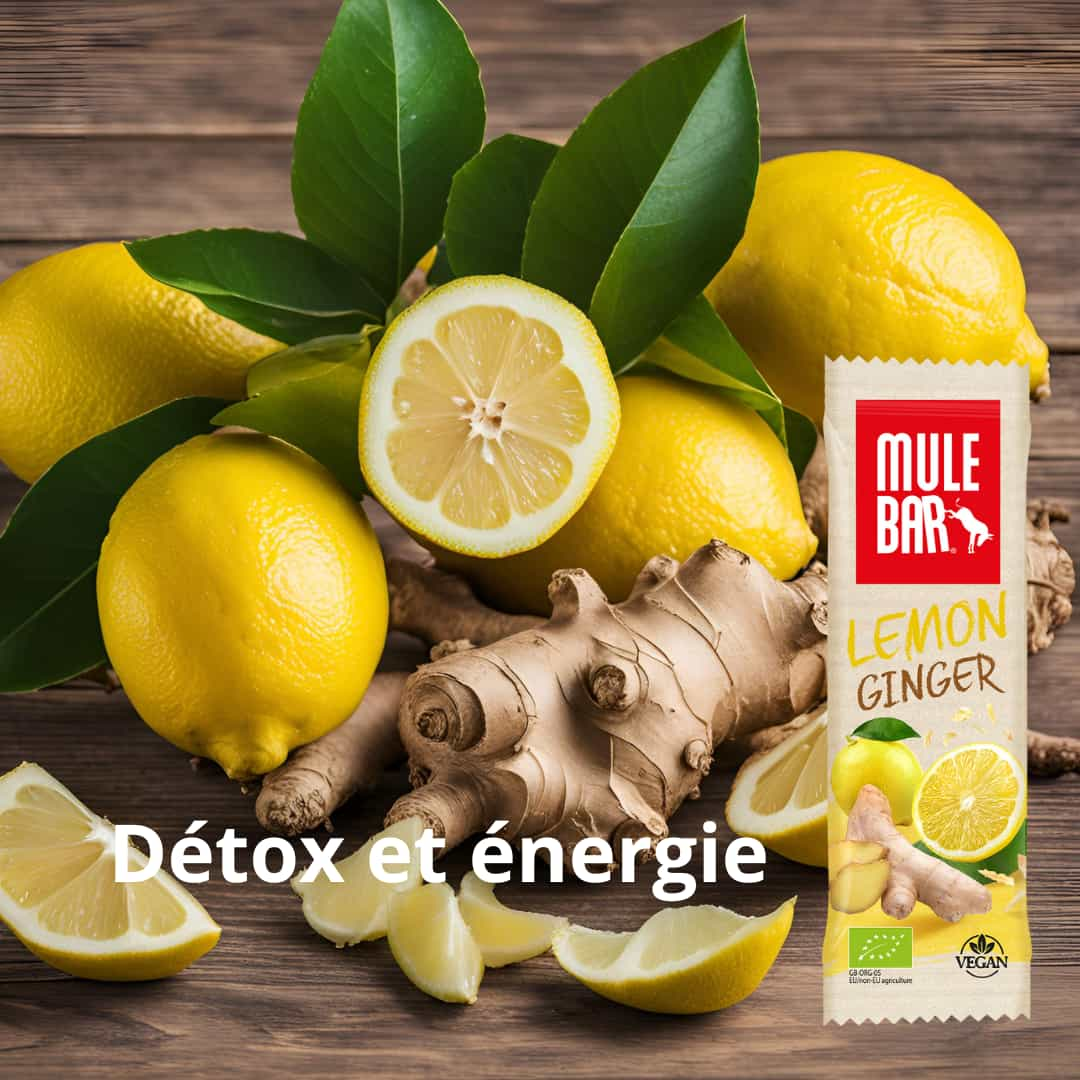 Publicité barre énergétique bio et vegan  Mulebar citron gingembre 40g