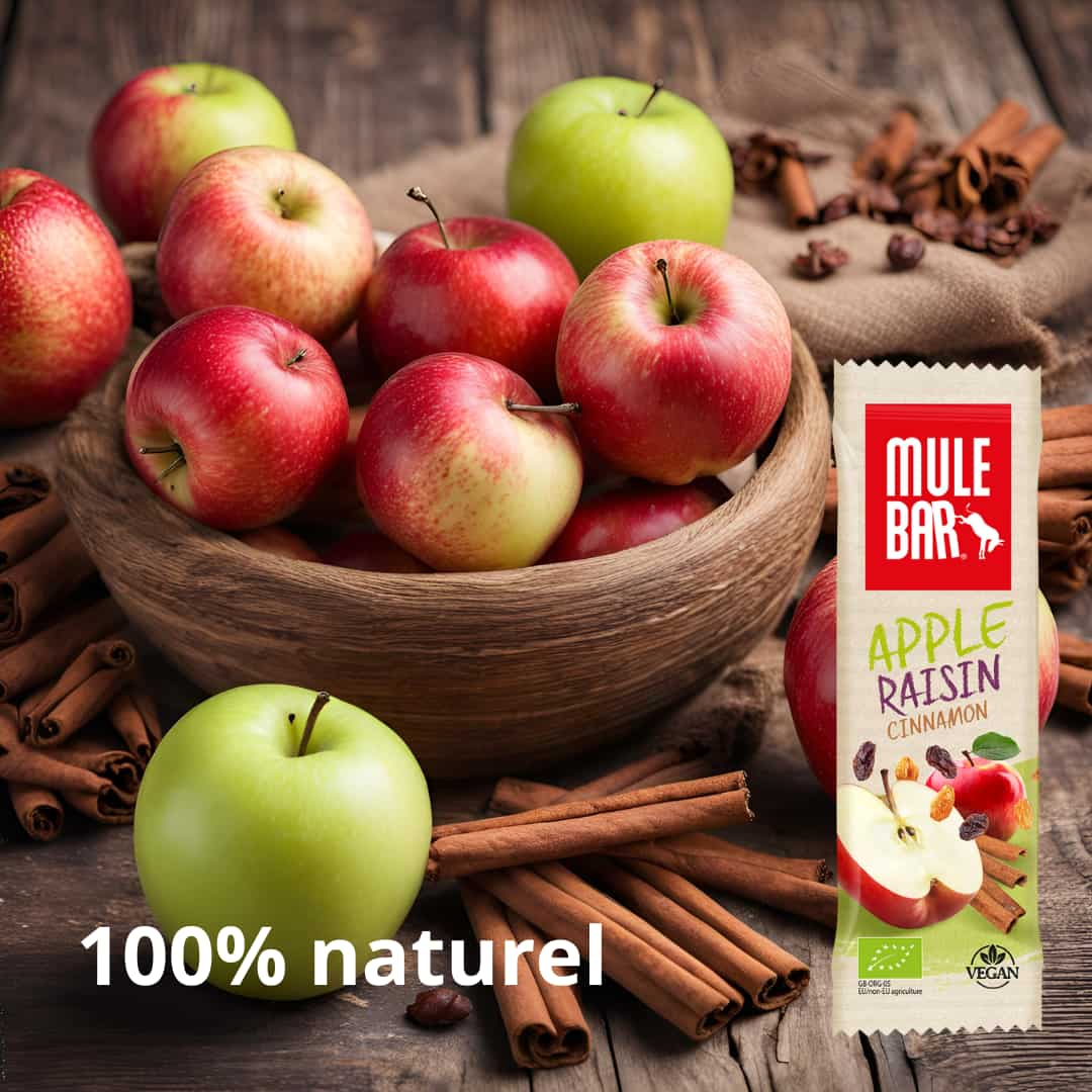 publicité barre énergétique bio et vegan Mulebar pomme cannelle raisin 40g