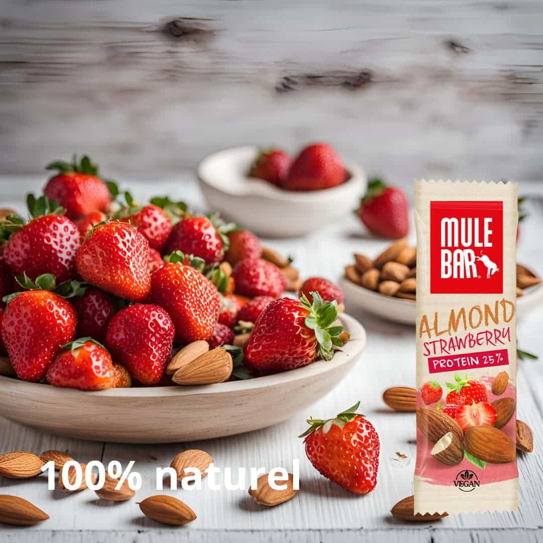 Publicité barre protéinée vegan Mulebar fraise amande 40g