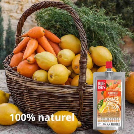 Publicité compote énergétique vegan Mulebar orange carotte citron 65g