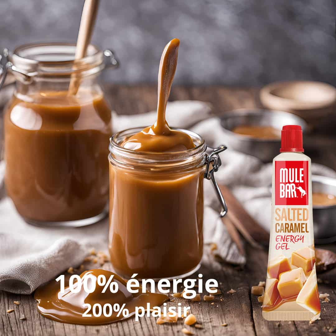 Publicité gel énergétique sans gluten Mulebar caramel salé 37g